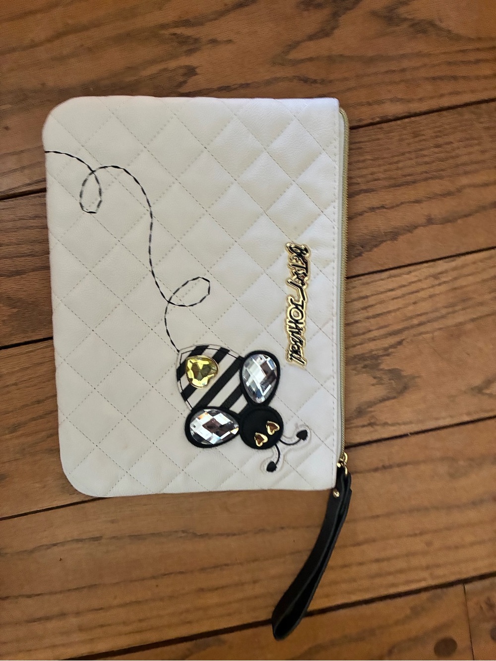 Betsey Johnson White Quilted Clutch with Bee Embellishment